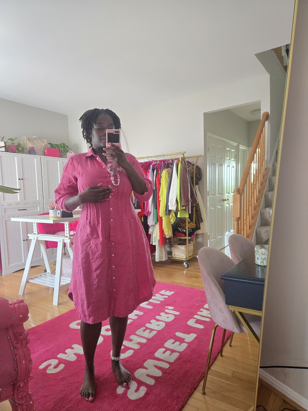 Pink Linen Button-Front Midi Dress - Picture 2 of 6